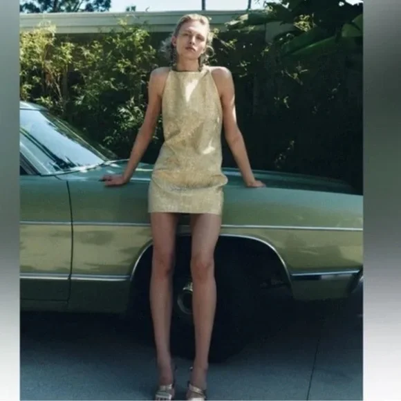 Zara Collection Shiny Gold Halter-style Mini Dress Medium - Picture 8 of 10